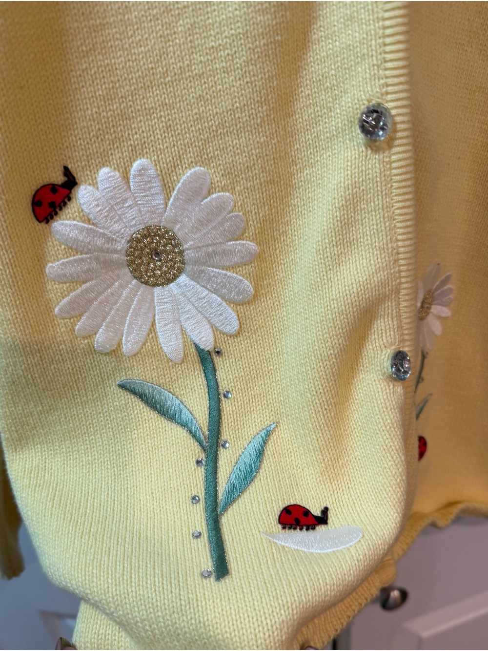 Vintage Style Yellow Cardigan 3X Daisy Ladybug Embroidered Cottagecore Plus Size - Picture 3 of 7